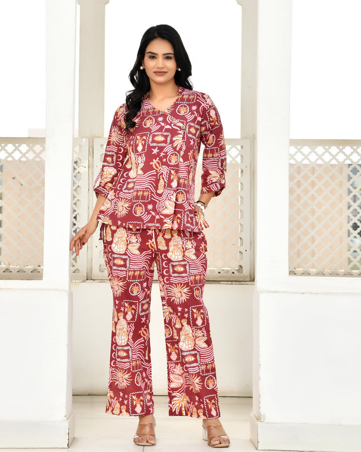 Vintage Maroon Abstract Printed Co-ord Sets