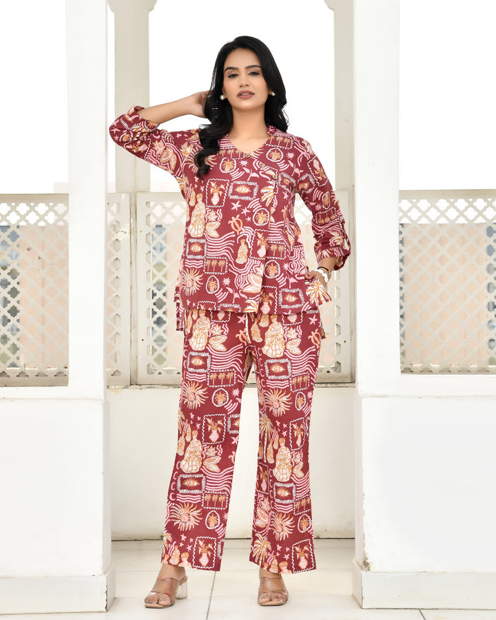 Vintage Maroon Abstract Printed Co-ord Sets