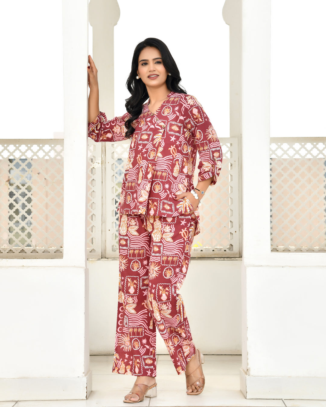 Vintage Maroon Abstract Printed Co-ord Sets