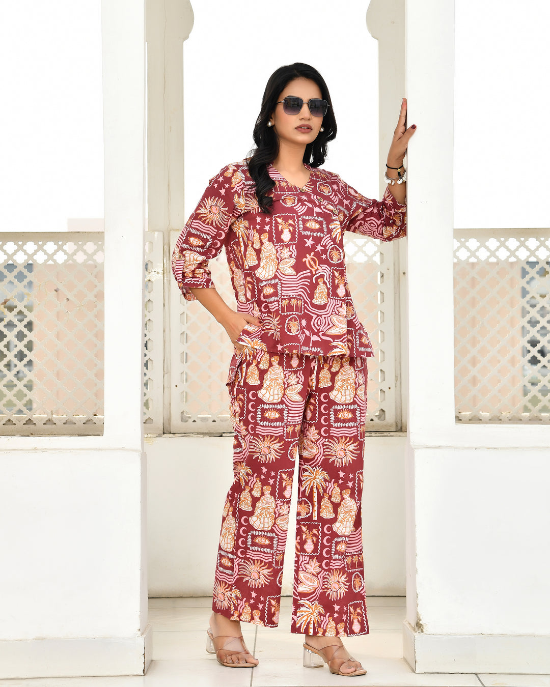 Vintage Maroon Abstract Printed Co-ord Sets