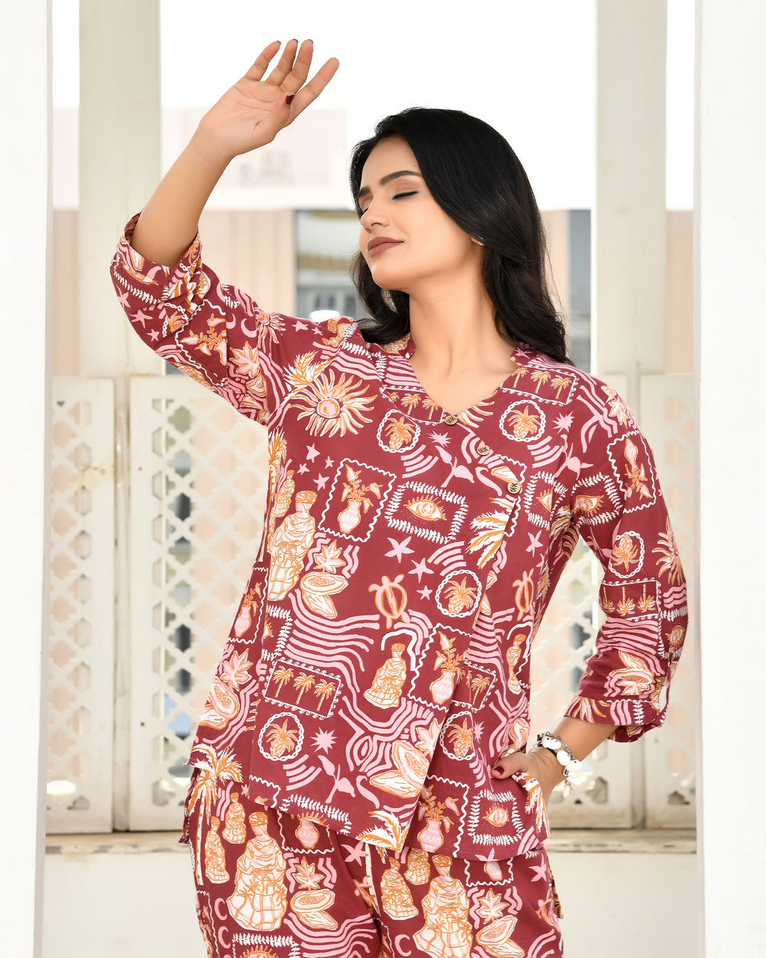 Vintage Maroon Abstract Printed Co-ord Sets