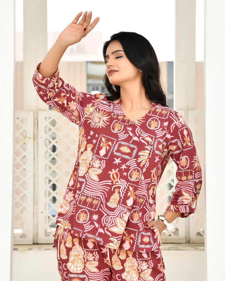 Vintage Maroon Abstract Printed Co-ord Sets