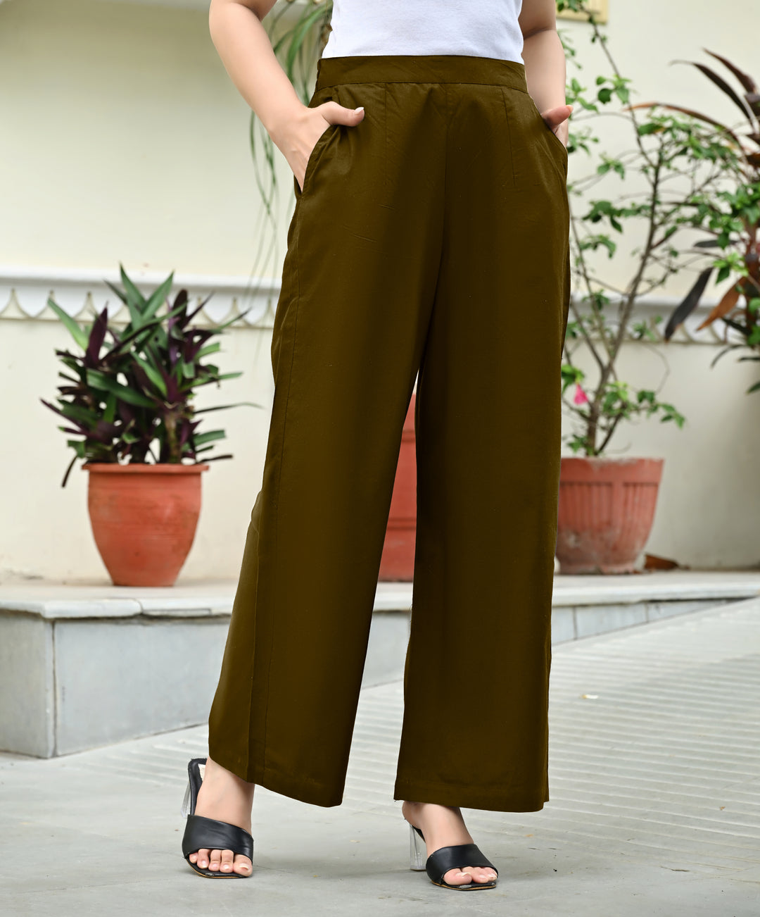 Deeep Olive Airy Linen Wide leg Pants