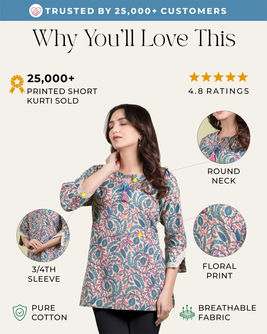 Cream Straight Short Kurti