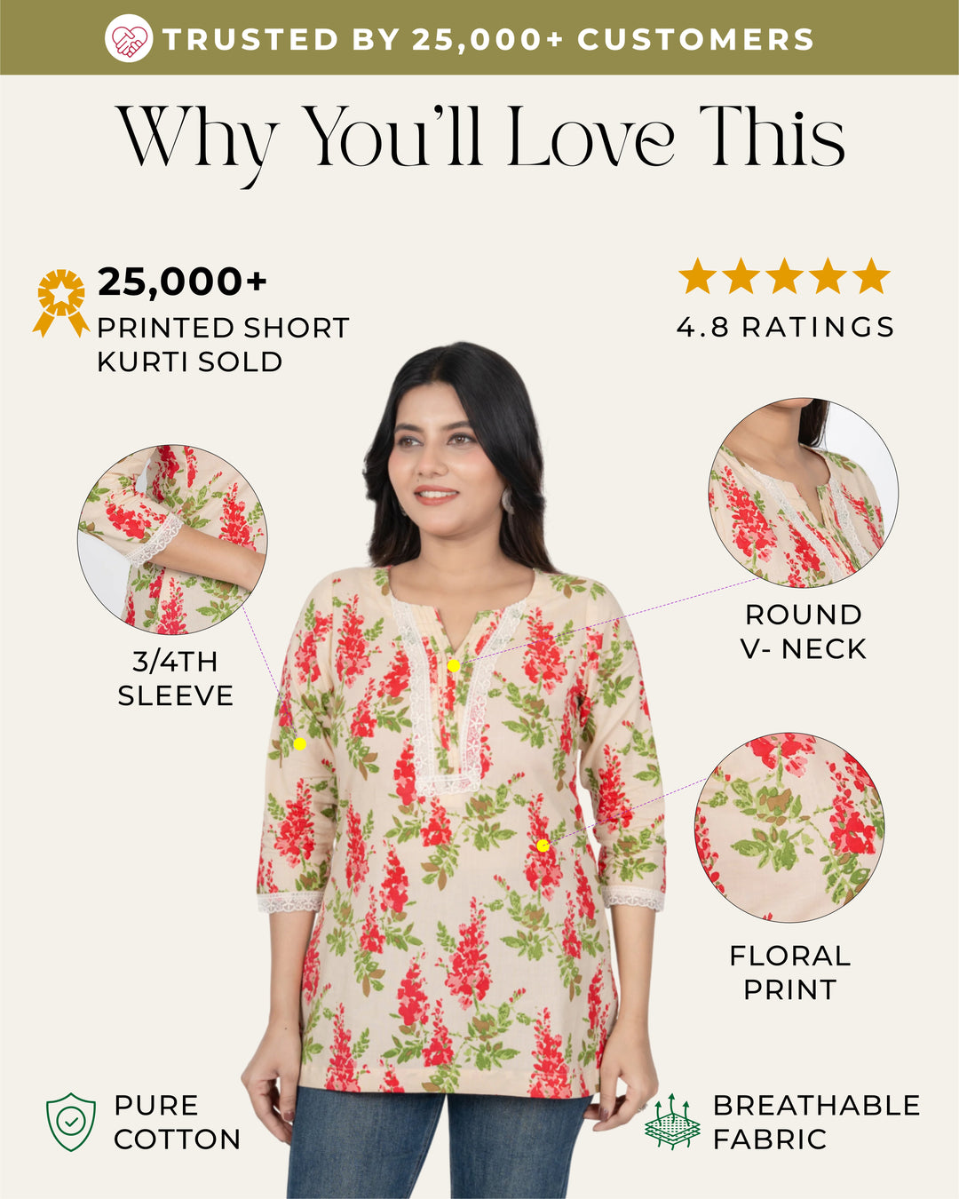Cream Flower Short Kurti