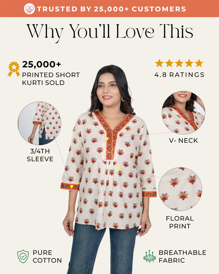 Off-White Floral Short Kurti