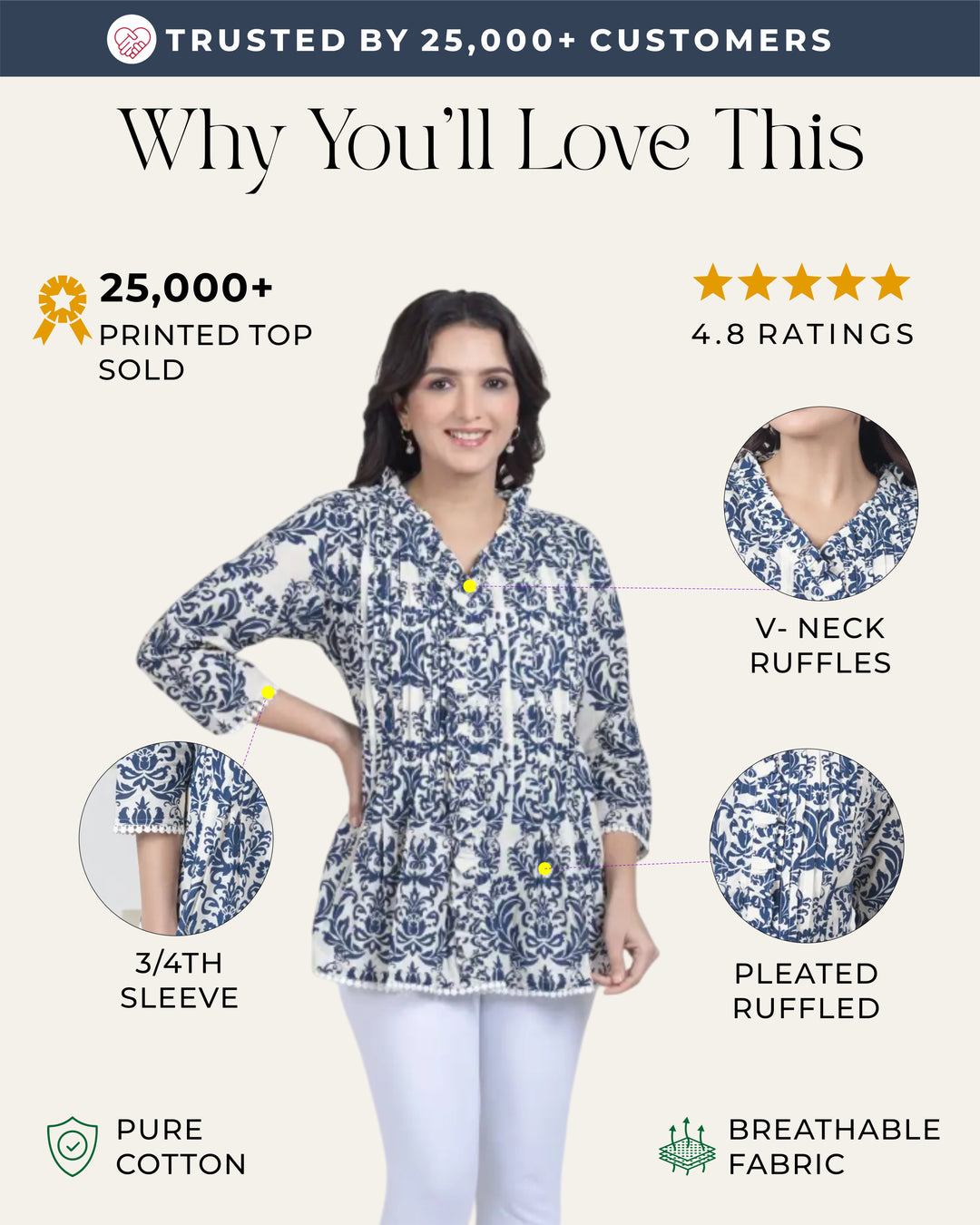 White Blue Print Top