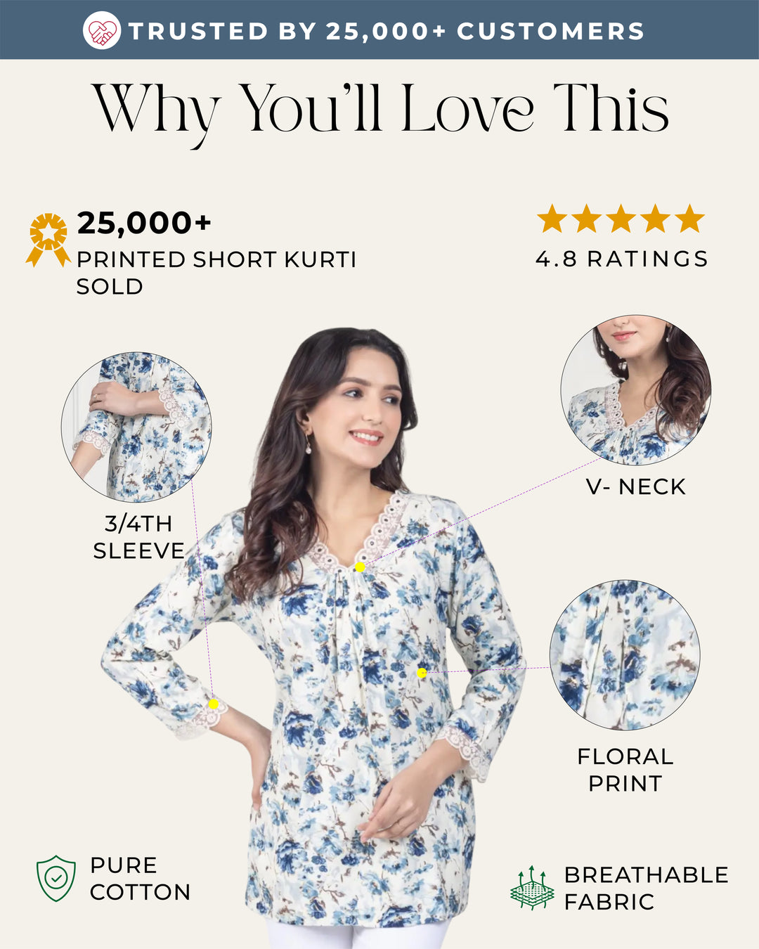 White Floral Short Kurti