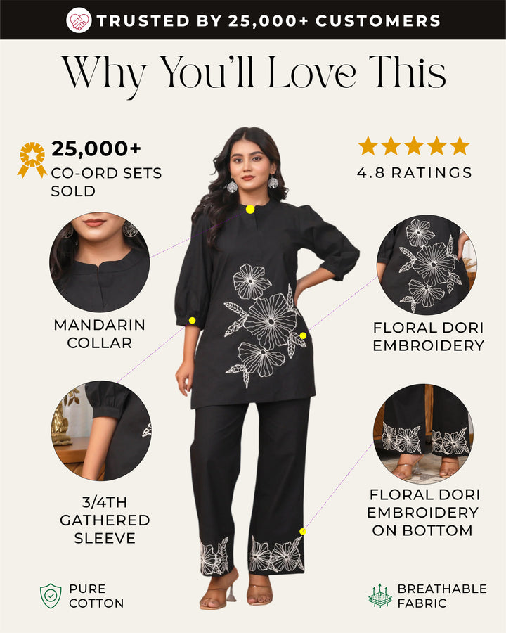 Black Floral Embroidered Co-ord Set