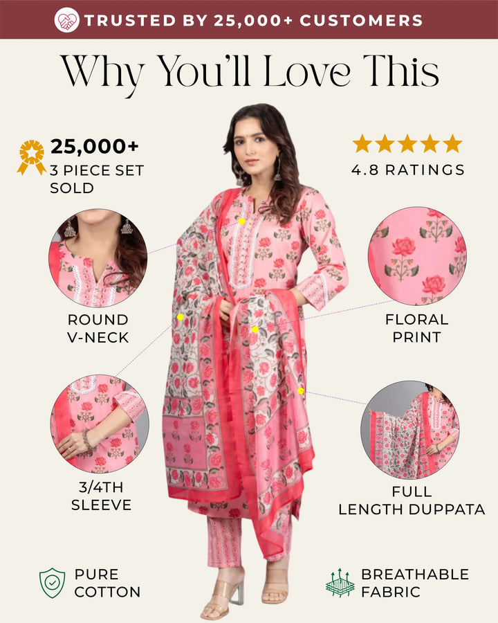 Pink Lotus Print Kurti Set