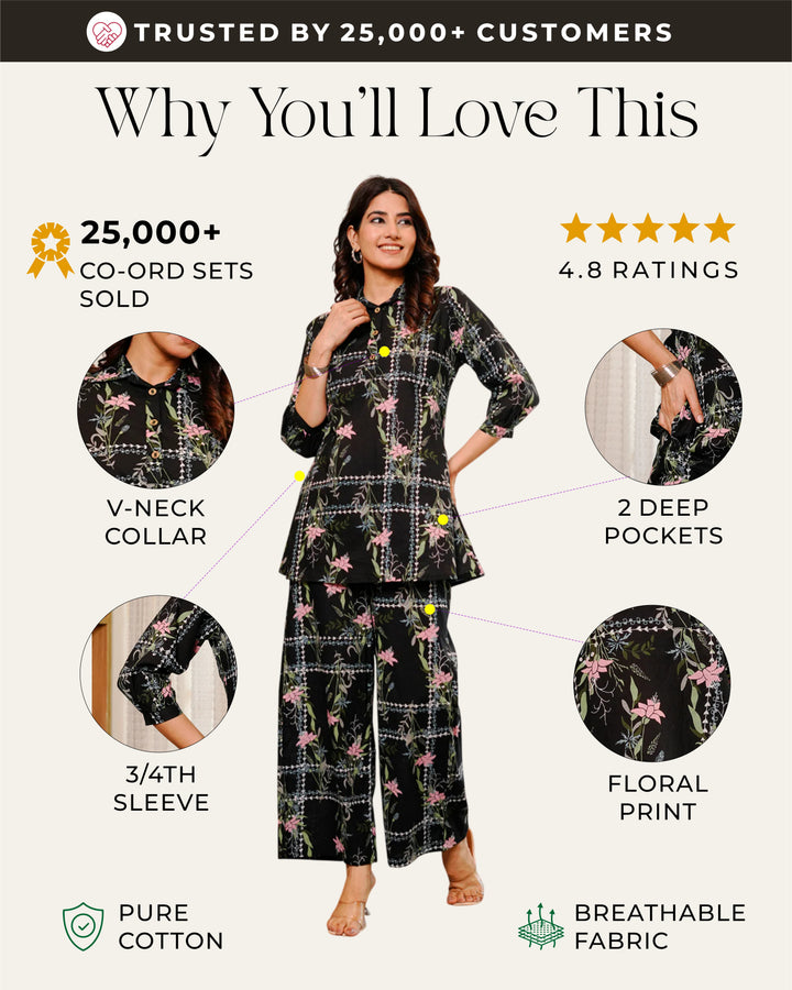 Black geometric floral print cotton co-ord set