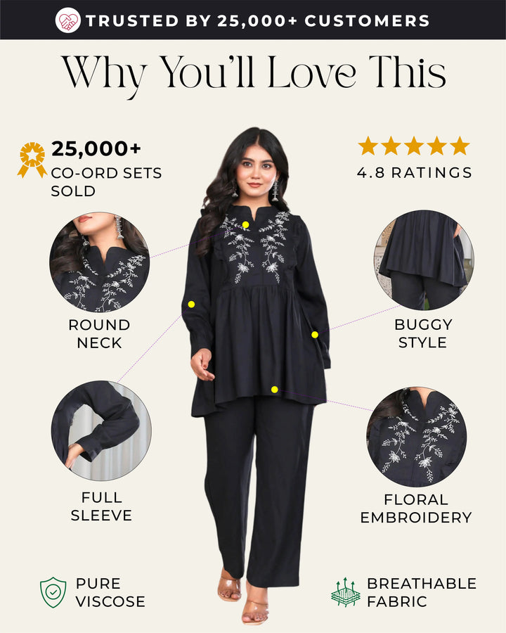 Black Floral Embroidered Peplum Co-ord Set
