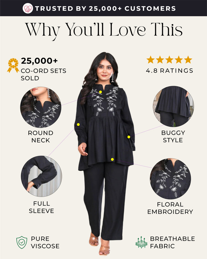 Black Floral Embroidered Peplum Co-ord Set