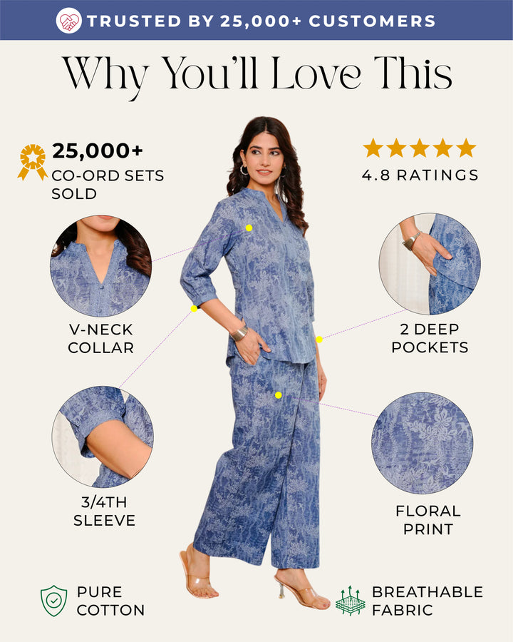 Blue floral texture print cotton co-ord set