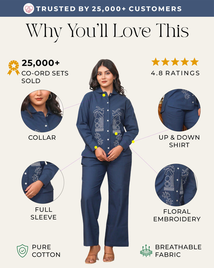 Navy Blue Abstract Embroidered Co-ord Set