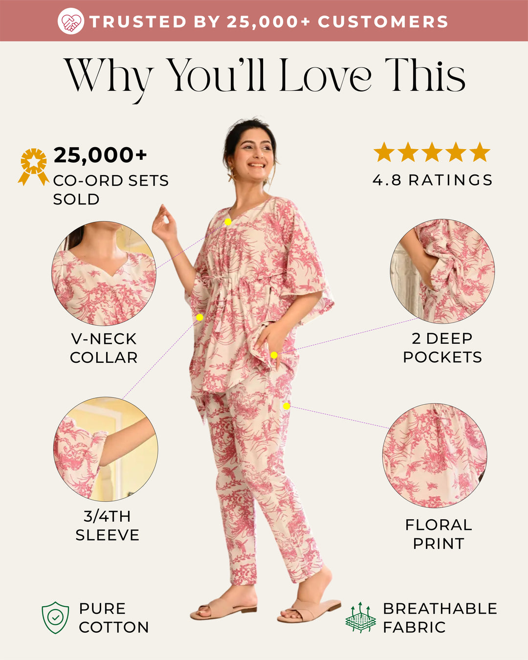 White and Pink Floral Printed Kaftan Style Co- ords Set