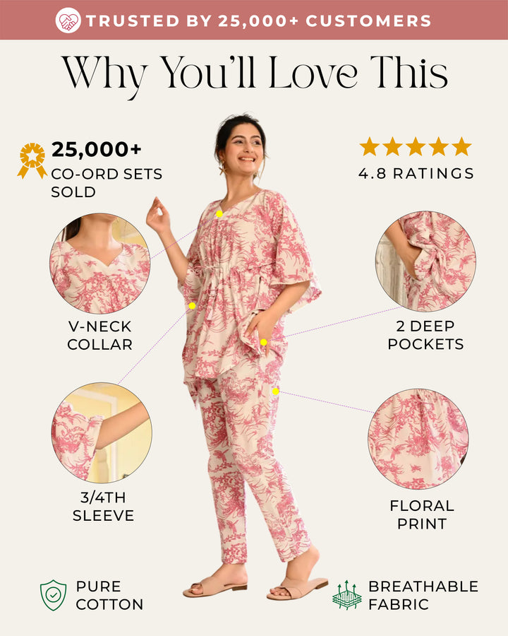 White and Pink Floral Printed Kaftan Style Co- ords Set