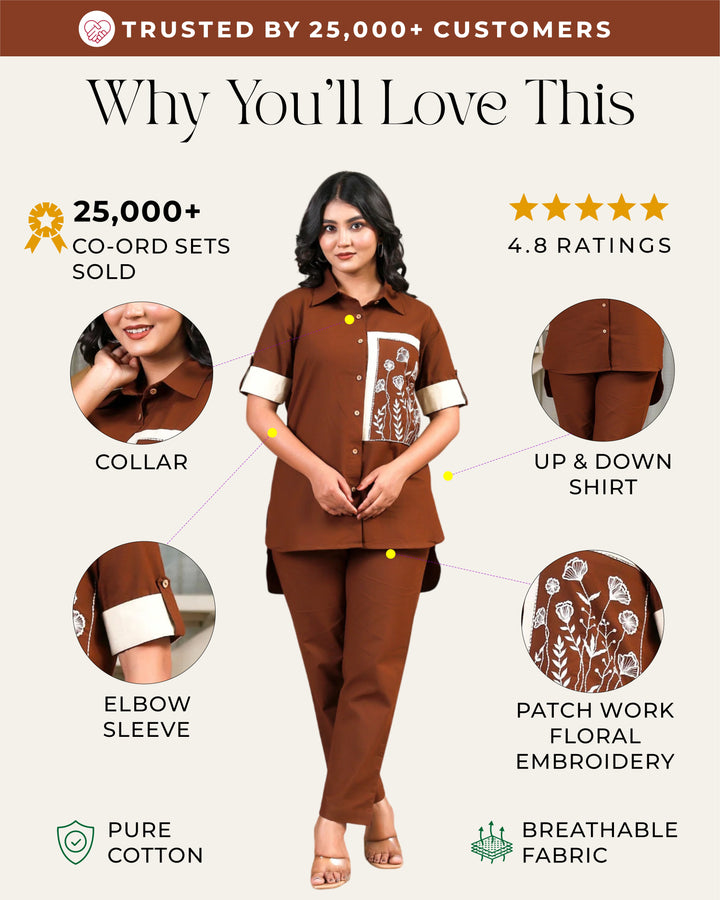 Coffee Brown Patch Work Floral Embroidered Co-ord Sets