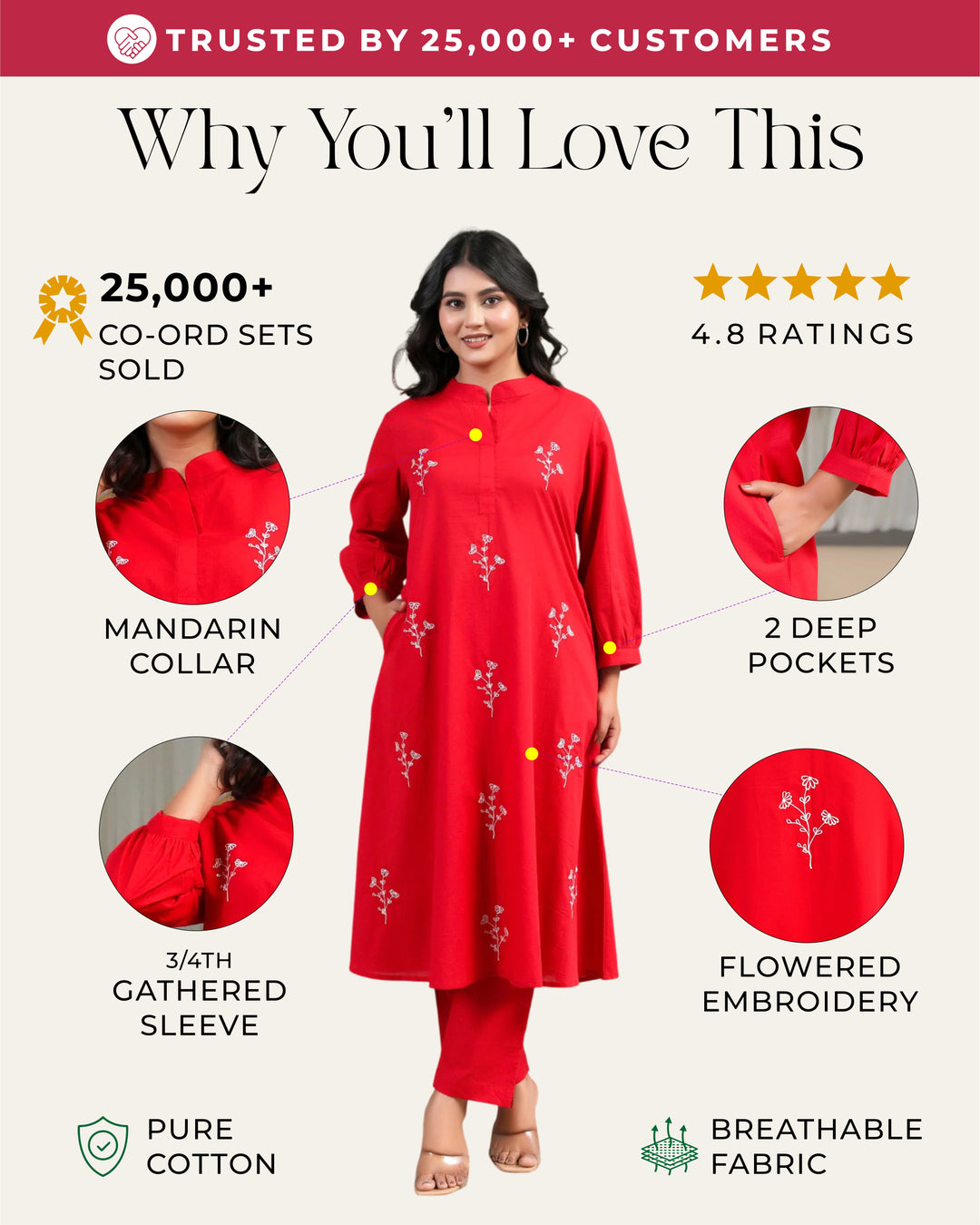 Solid Red Base With Delicate White Floral Embroidery