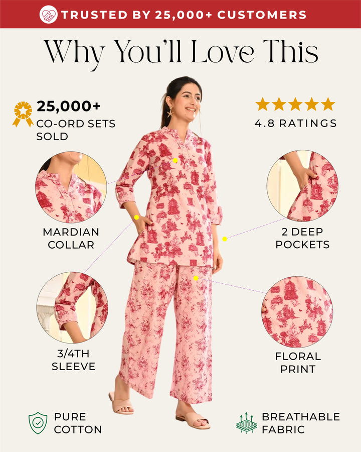 Monument Pink printed Straight Co- ords Set