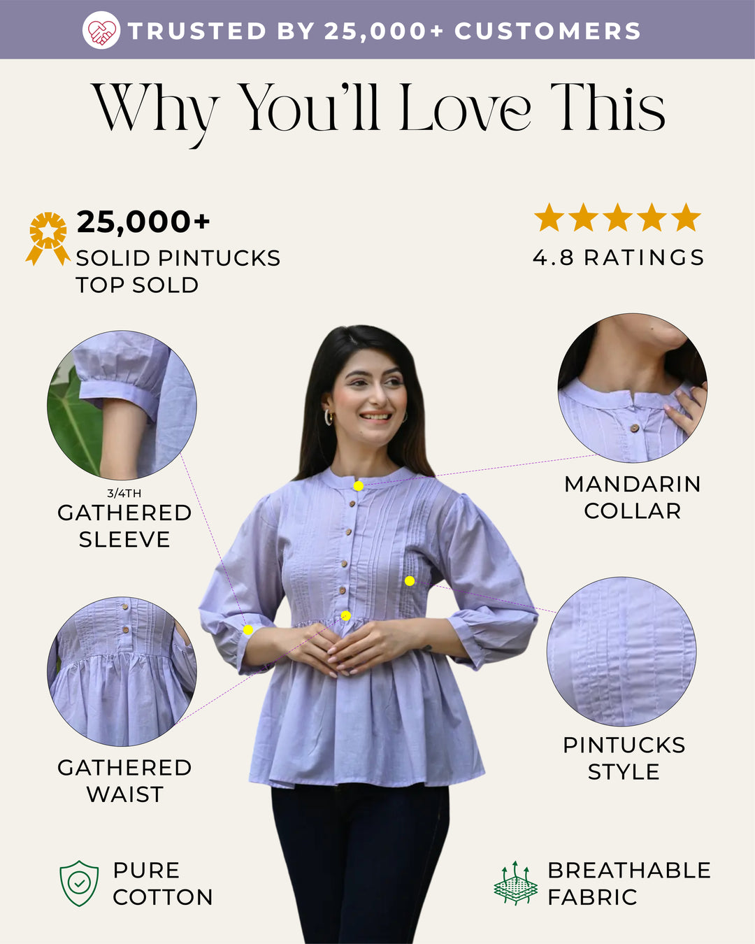 Lavender Solid Pintucks Top