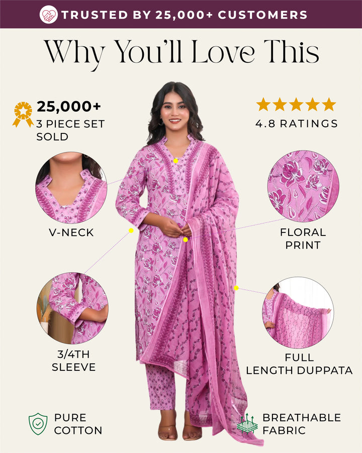 Lilac Bloom Printed Cotton 3 Piece Set