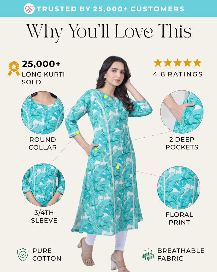 Sea Green Palm Print  Kurti
