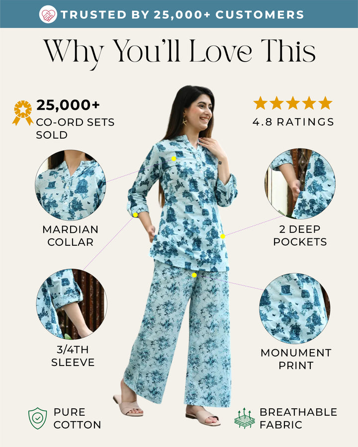 Monument Blue printed Straight Co- ords Set