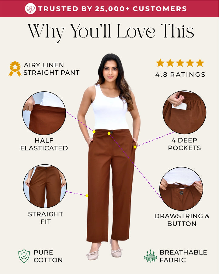 Coffee Brown Solid Straight Pants