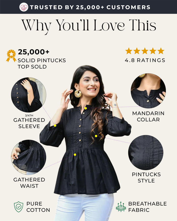 Black Solid Pintucks Top