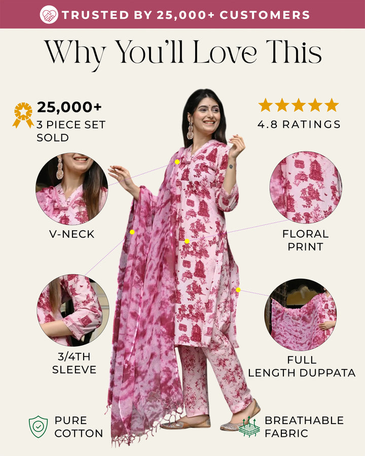 Monuments Pink Printed Cotton 3 Piece Set