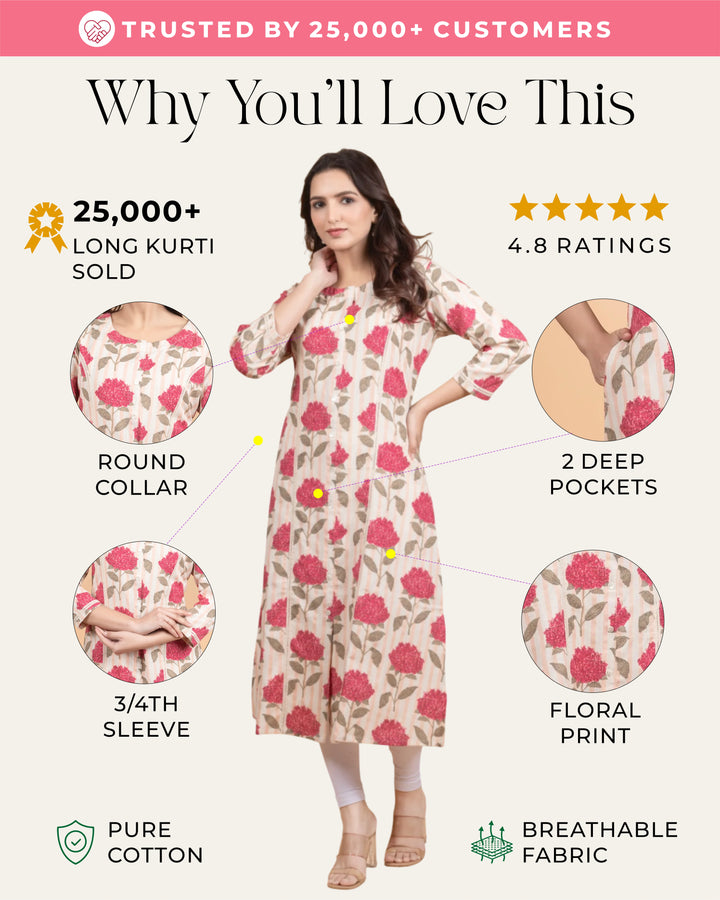 Cream Striped Flower Print Kurti