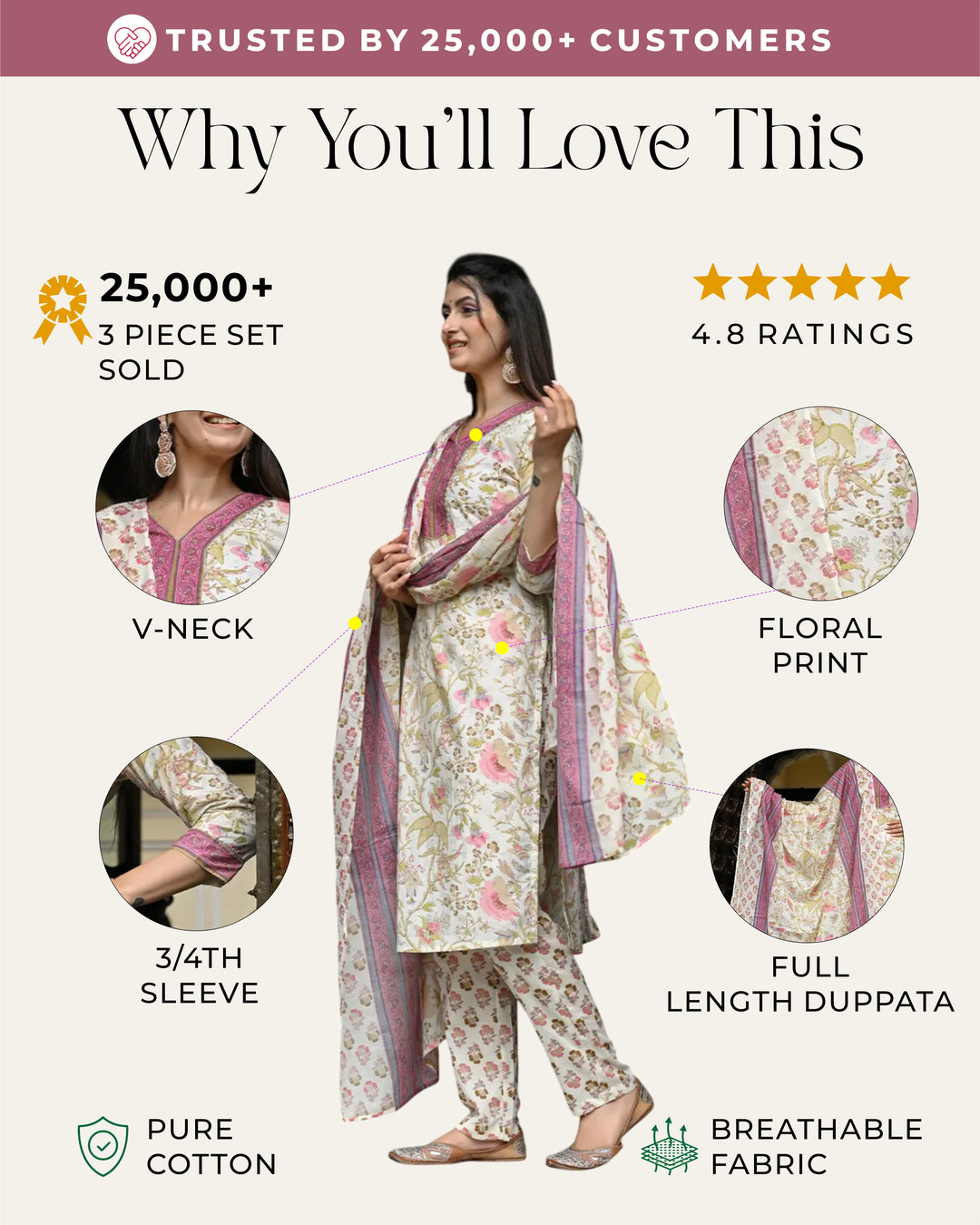 Cream Floral Print 3 Piece Set