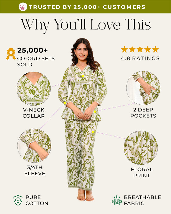 Green leaf printed cotton co -ord set