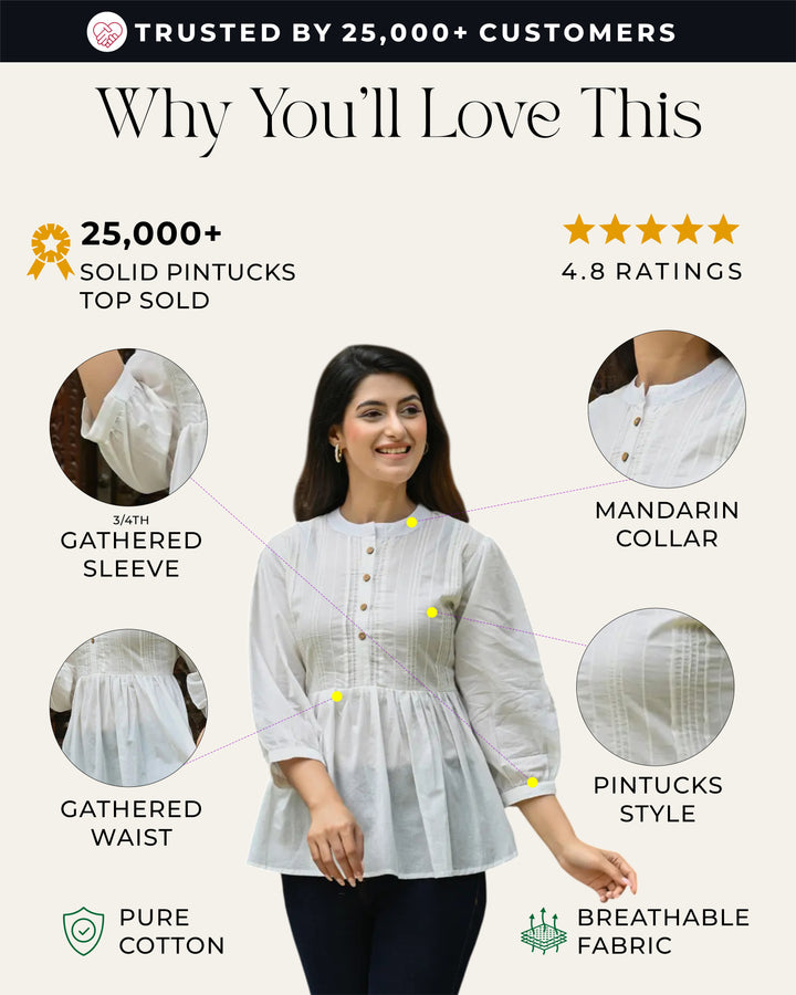 White Solid Pintucks Top