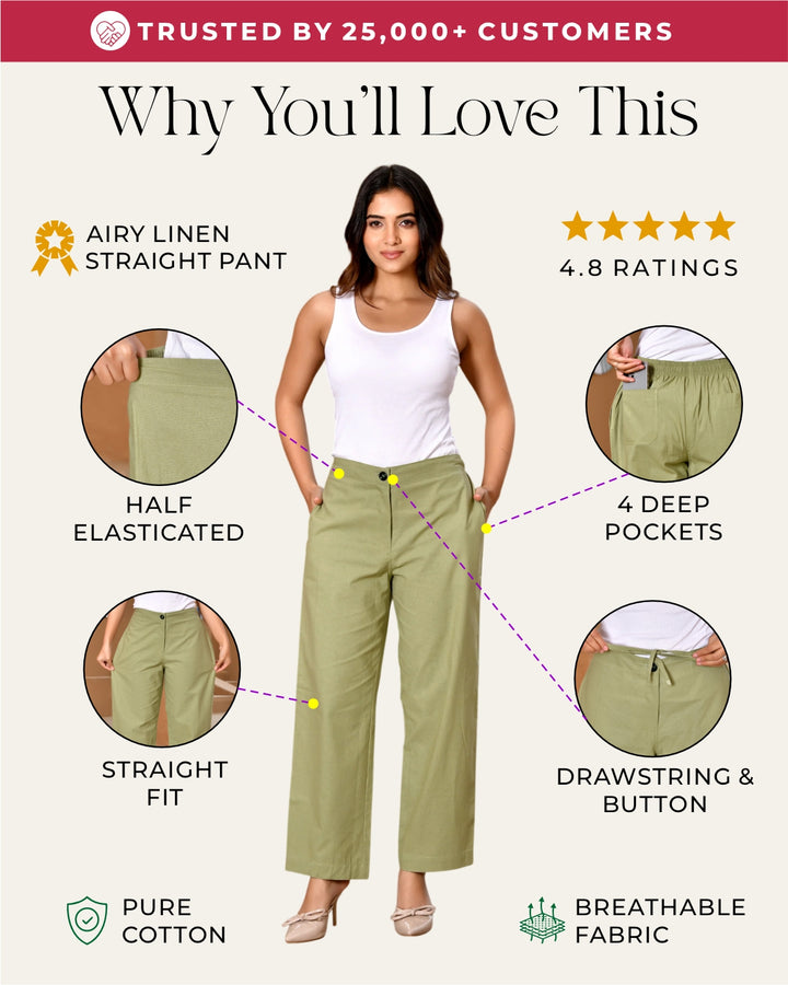 Sage Green Solid Straight Pants