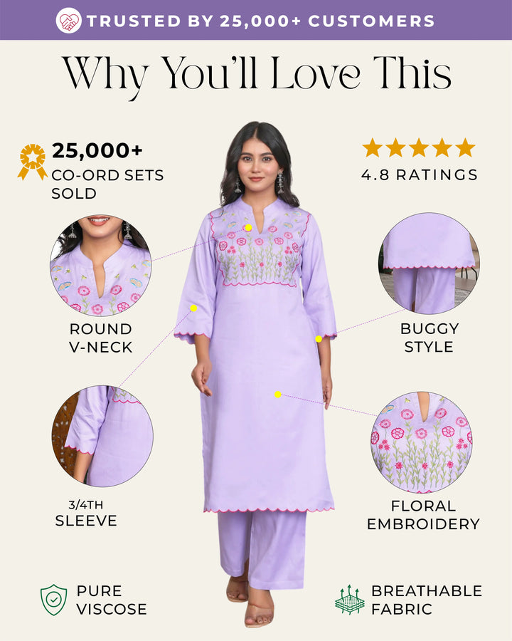 Lavender Floral Embroidered Straight Co-ord Set