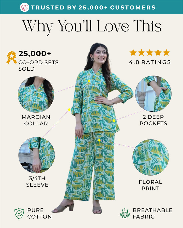 Green and Yellow Abstract Printed co- ords Set