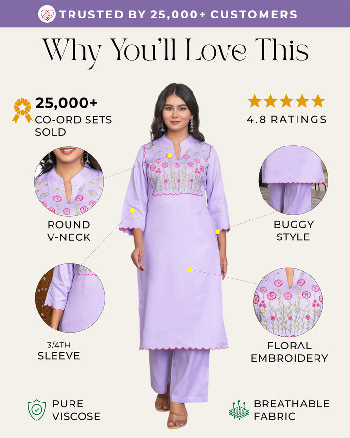 Lavender Floral Embroidered Straight Co-ord Set