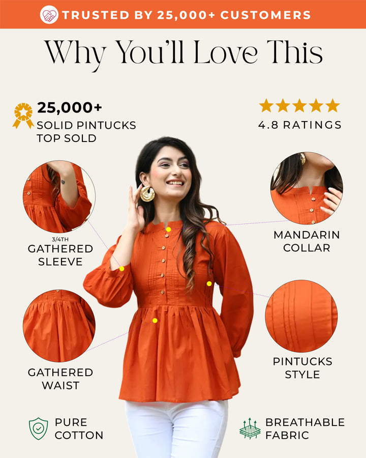Orange Solid Pintucks Top