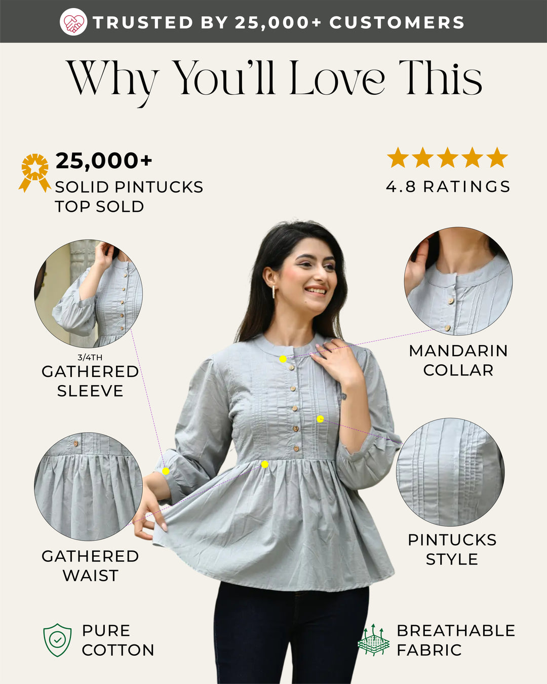 Gery Solid Pintucks Top