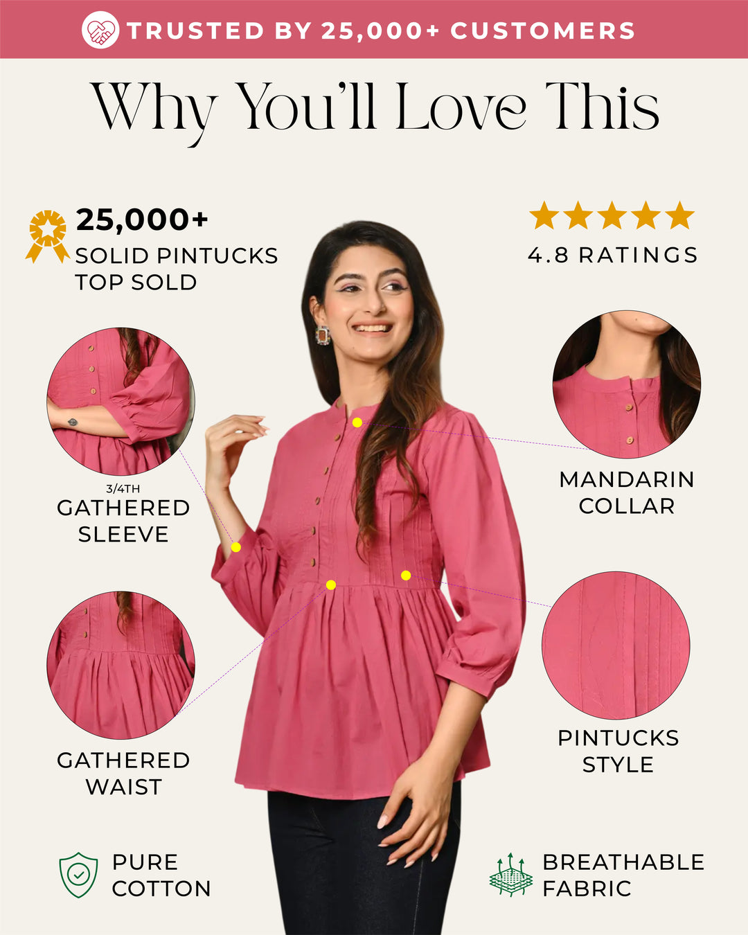 Pink Solid Pintucks Top