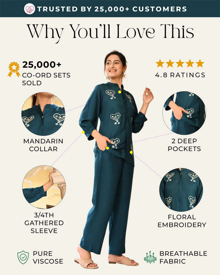 Teal Blue Embroidered Co- ords Set