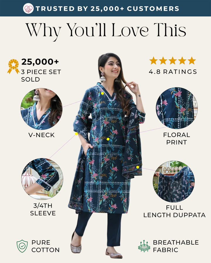 Blue Geometric Floral Print Cotton 3 Piece Set