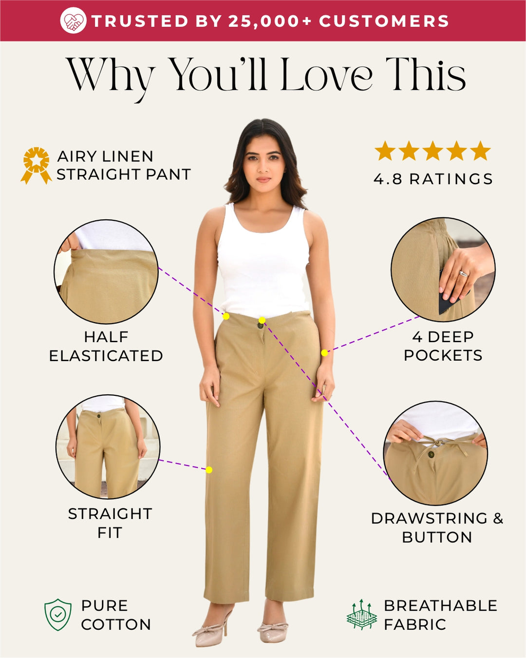 Beige Solid Straight Pants