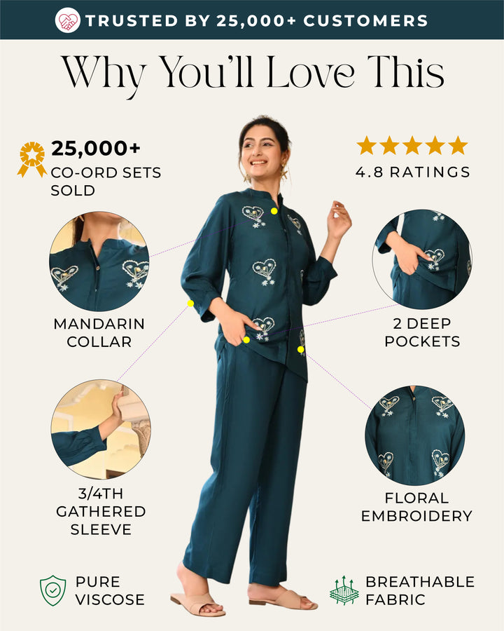 Teal Blue Embroidered Co- ords Set