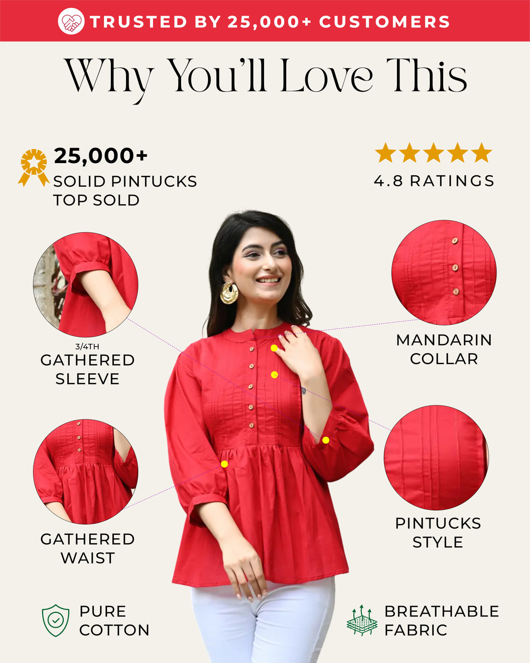 Red Solid Pintucks Top