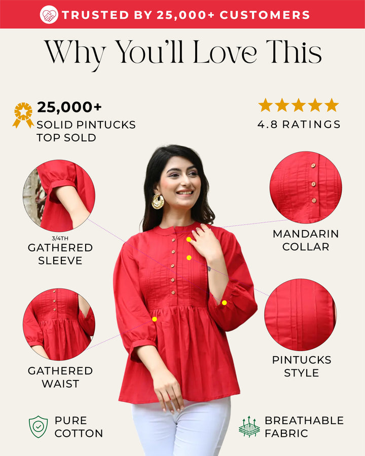 Red Solid Pintucks Top