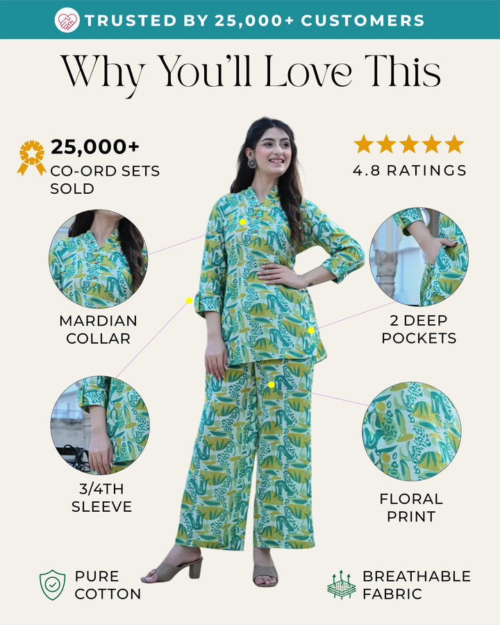 Green and Yellow Abstract Printed co- ords Set