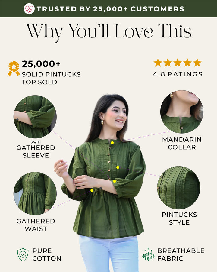Green Solid Pintucks Top